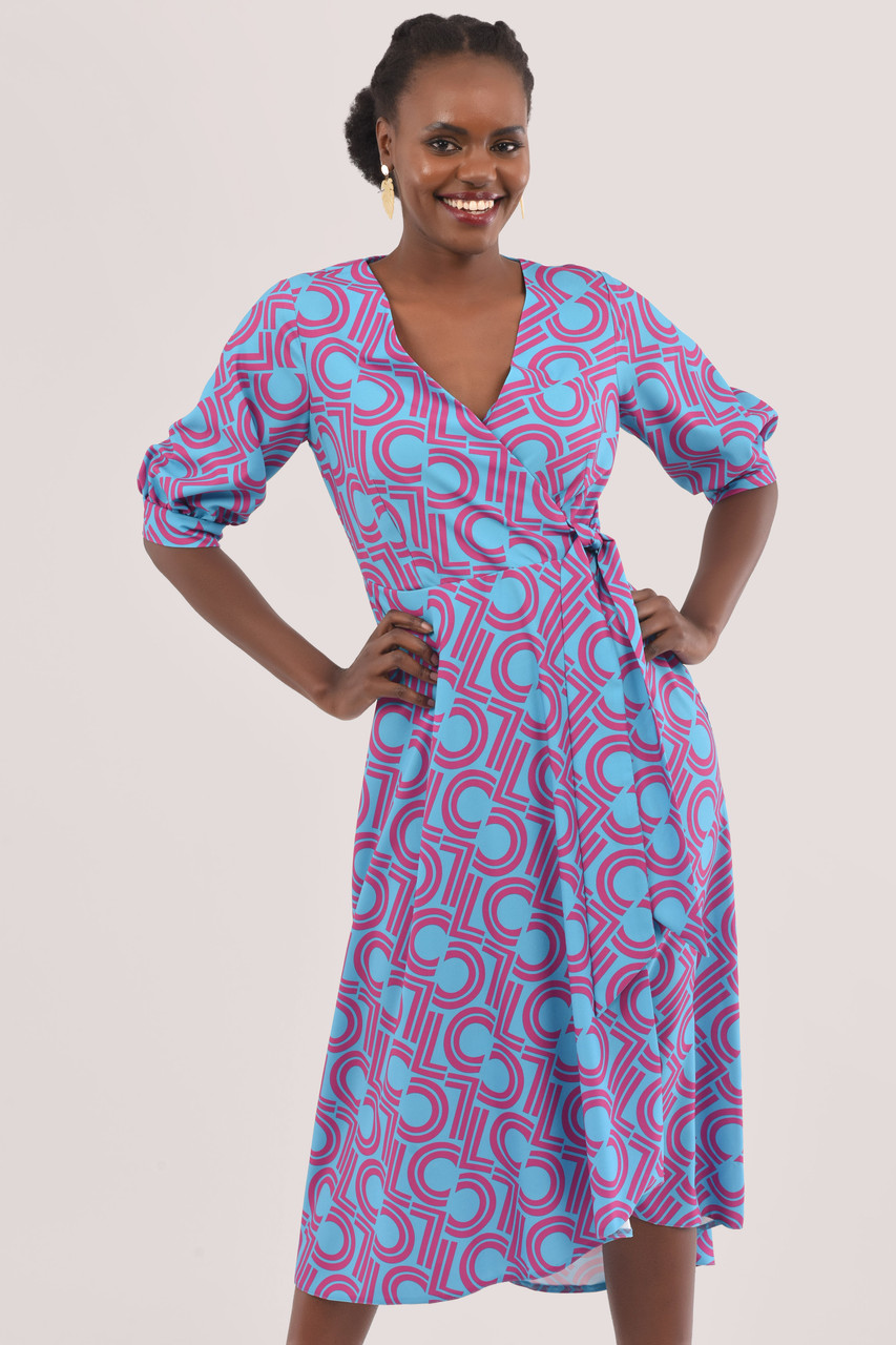 Closet London | Blue Puff Sleeve Wrap Print Dress